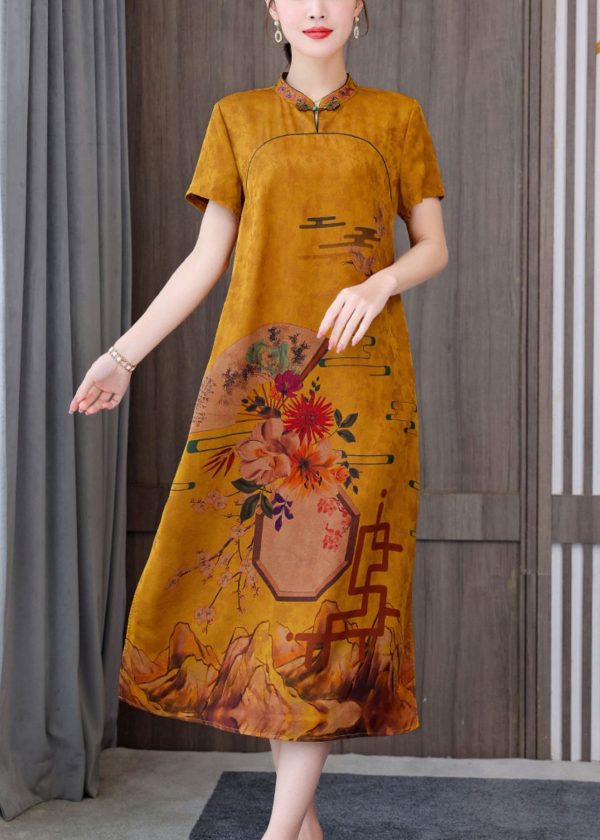 Fitted Yellow Mandarin Collar Print Pockets Silk Long Dresses Short Sleeve - Image 3