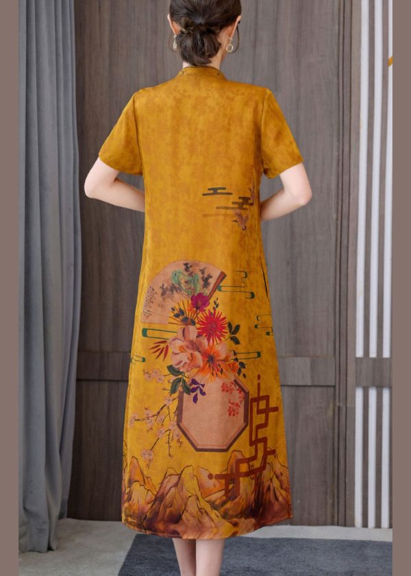 Fitted Yellow Mandarin Collar Print Pockets Silk Long Dresses Short Sleeve - Image 4