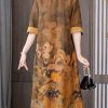 Fitted Yellow Zippered Stand Collar Chinese Style Silk Dress Short Sleeve
