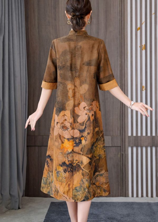 Fitted Yellow Zippered Stand Collar Chinese Style Silk Dress Short Sleeve - Image 3