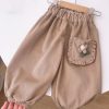 Floral Coffee Pockets Elastic Waist Corduroy Girls Beam Pants Spring