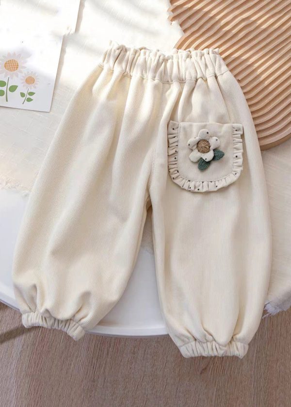 Floral Coffee Pockets Elastic Waist Corduroy Girls Beam Pants Spring - Image 2