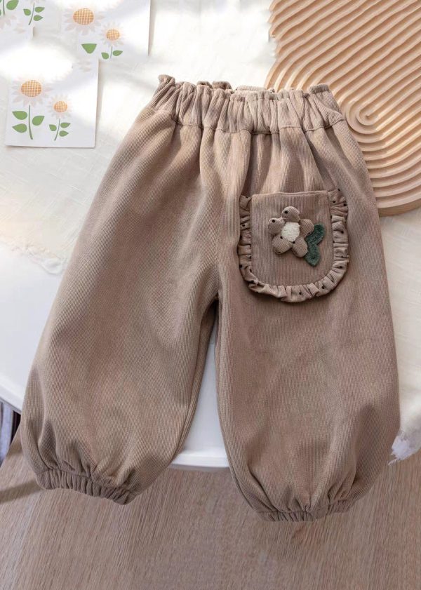 Floral Coffee Pockets Elastic Waist Corduroy Girls Beam Pants Spring - Image 3