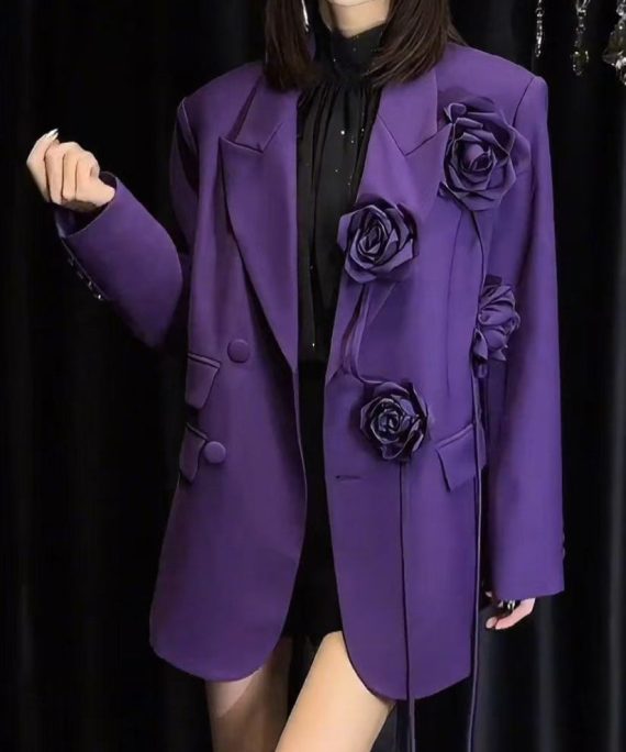 Floral Purple Peter Pan Collar Button Spandex Coats Spring
