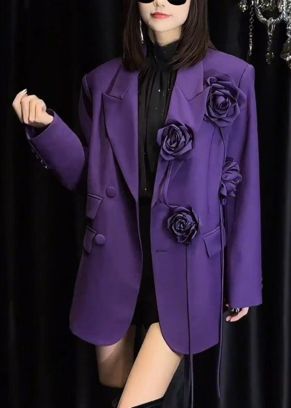 Floral Purple Peter Pan Collar Button Spandex Coats Spring