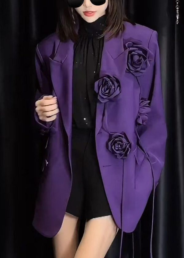 Floral Purple Peter Pan Collar Button Spandex Coats Spring - Image 4