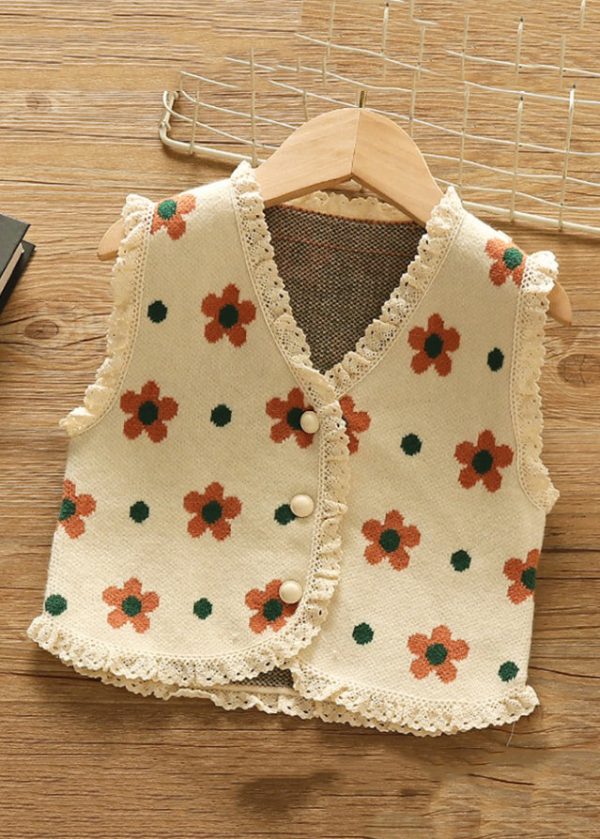 Floral Red Button Lace Patchwork Knit Baby Waistcoat Sleeveless - Image 2