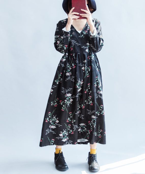 Floral V neck spring dresses cotton dress plus size caftans gown