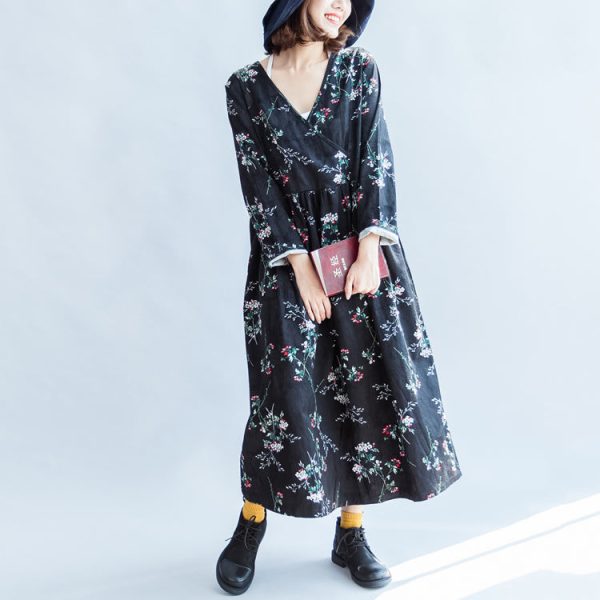 Floral V neck spring dresses cotton dress plus size caftans gown - Image 2