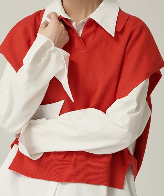 For Spring red sweaters trendy plus size lapel sleeveless knit tops