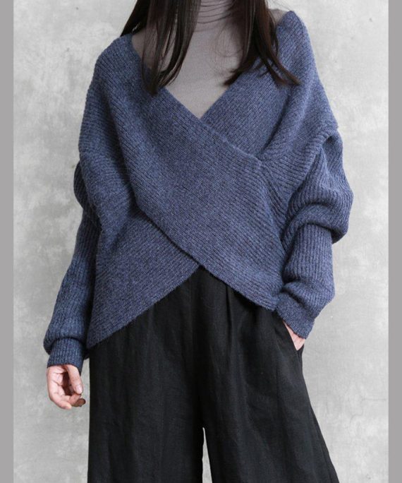 For Work blue knitted clothes plus size knit sweat tops v neck Batwing Sleeve