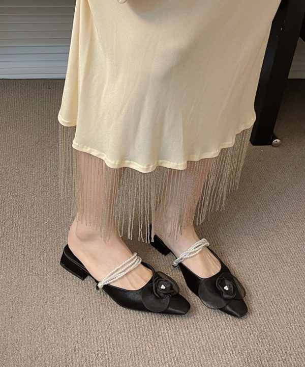 French Apricot Pearl Floral Satin Slide Sandals - Image 4