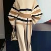 French Apricot Striped Sweaters And Pants Knit Two Pieces Set Spring