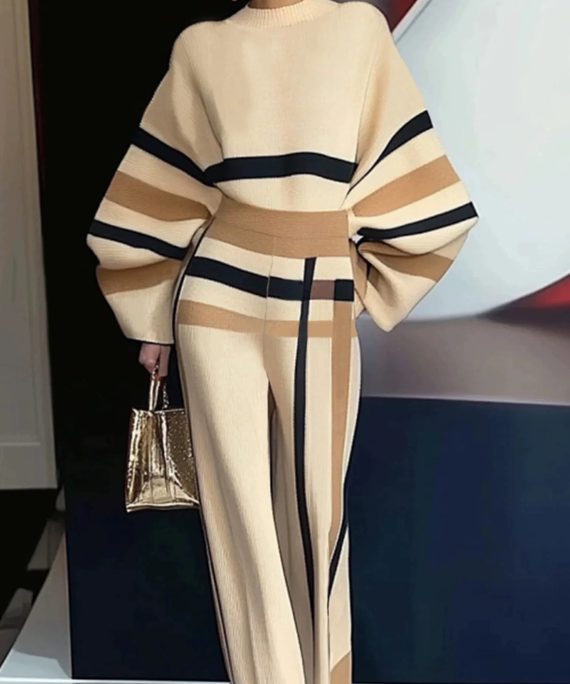French Apricot Striped Sweaters And Pants Knit Two Pieces Set Spring
