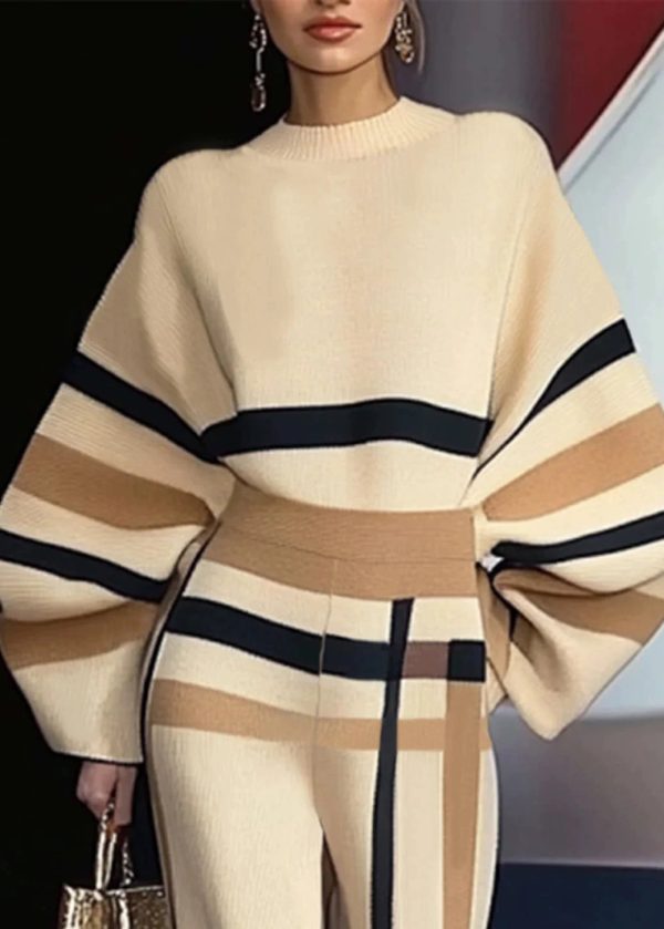 French Apricot Striped Sweaters And Pants Knit Two Pieces Set Spring - Image 3