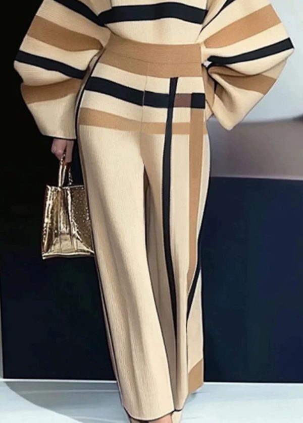 French Apricot Striped Sweaters And Pants Knit Two Pieces Set Spring - Image 4