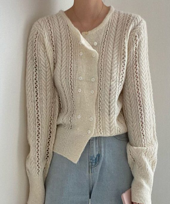 French Beige Double Breast Hollow Out Knit Top Spring