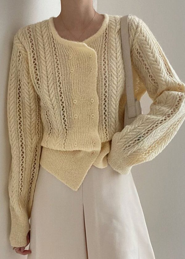 French Beige Double Breast Hollow Out Knit Top Spring - Image 3
