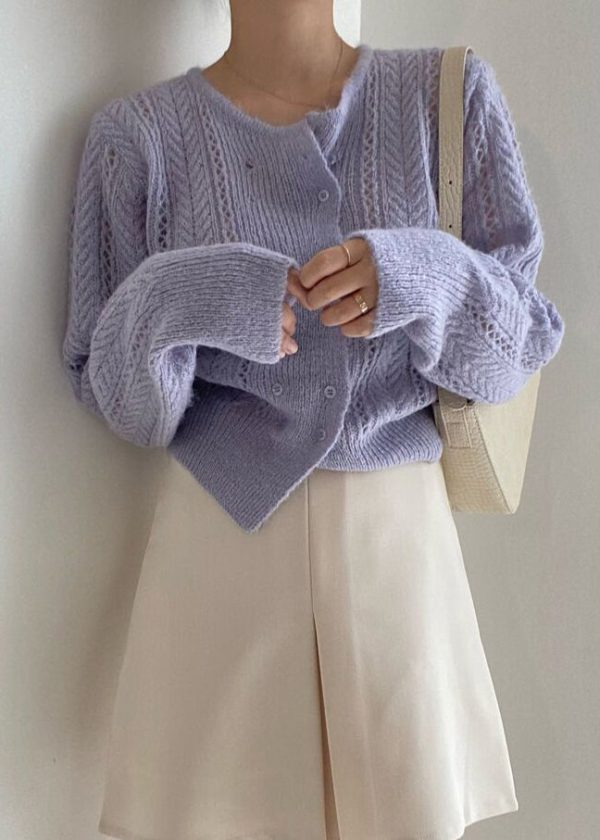 French Beige Double Breast Hollow Out Knit Top Spring - Image 4