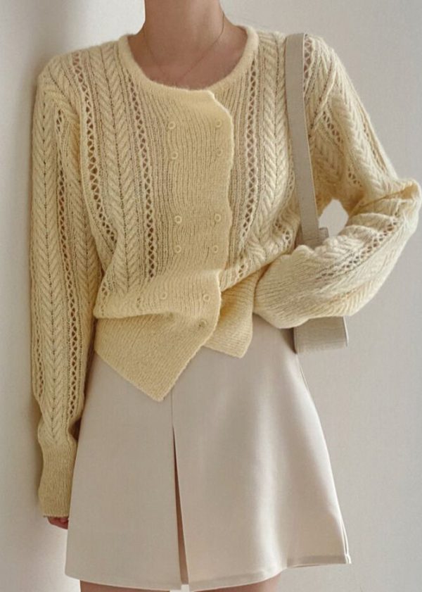 French Beige Double Breast Hollow Out Knit Top Spring - Image 5