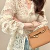 French Beige Ruffled Button Hollow Out Lace Tops Spring