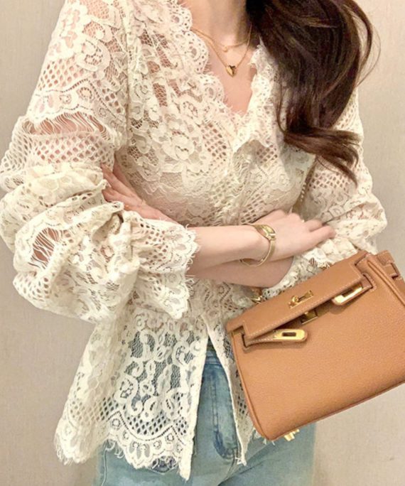 French Beige Ruffled Button Hollow Out Lace Tops Spring