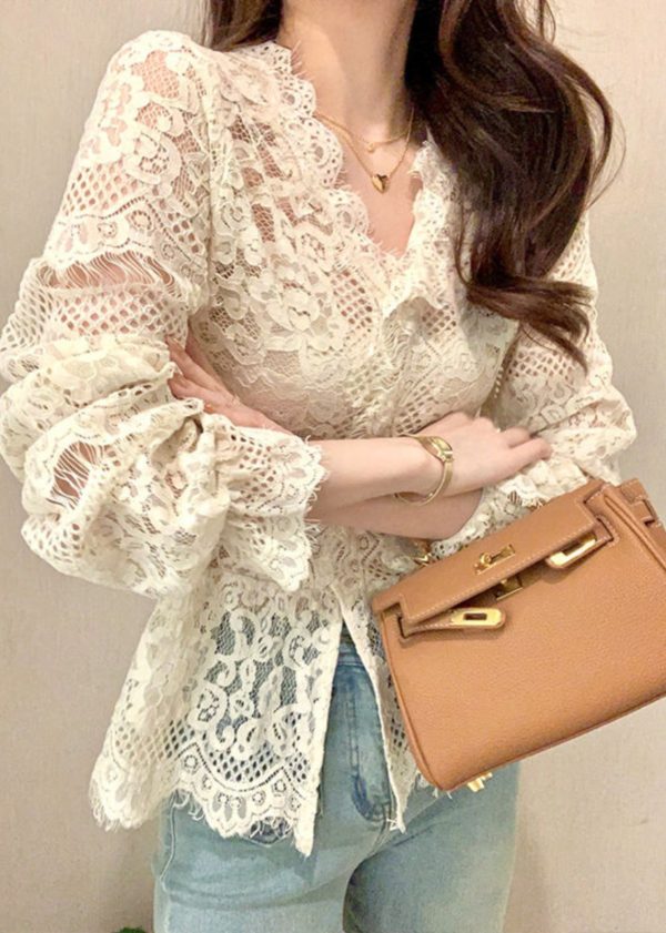 French Beige Ruffled Button Hollow Out Lace Tops Spring