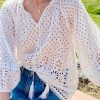 French Beige V Neck Hollow Out Cotton Shirt Spring