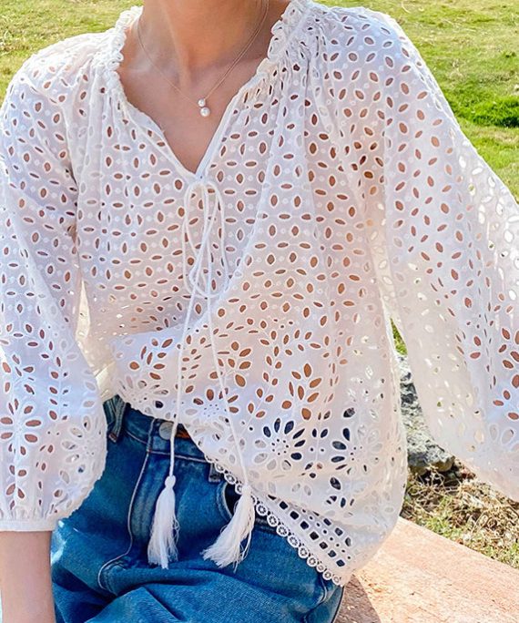 French Beige V Neck Hollow Out Cotton Shirt Spring