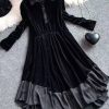 French Black Asymmetrical Patchwork Velour Holiday Dress Spring