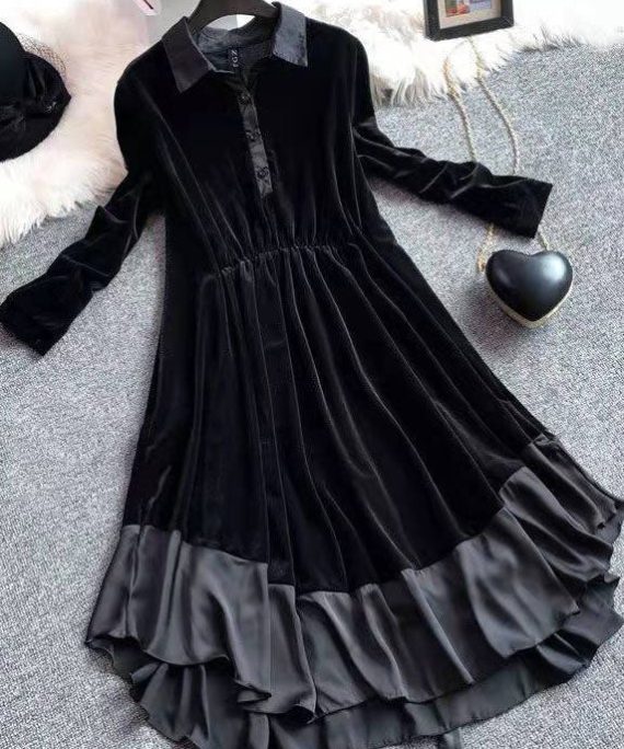 French Black Asymmetrical Patchwork Velour Holiday Dress Spring