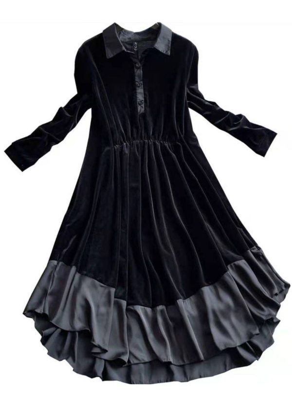 French Black Asymmetrical Patchwork Velour Holiday Dress Spring - Image 3