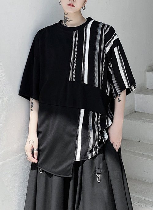 French Black Asymmetrical Striped Patchwork Cotton Men's T Shirts Summer