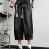 French Black Lace Up Pockets Ice Silk Mens Crop Pants Summer