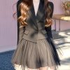 French Black Notched Coats And Tulle Skirts Two Pieces Set Long Sleeve
