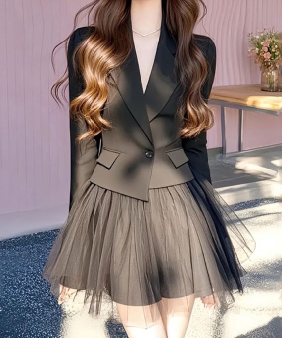 French Black Notched Coats And Tulle Skirts Two Pieces Set Long Sleeve