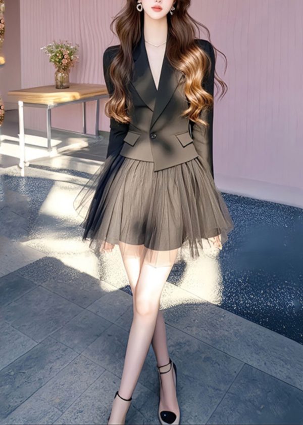 French Black Notched Coats And Tulle Skirts Two Pieces Set Long Sleeve - Image 2
