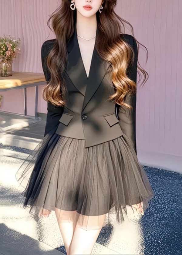 French Black Notched Coats And Tulle Skirts Two Pieces Set Long Sleeve - Image 3