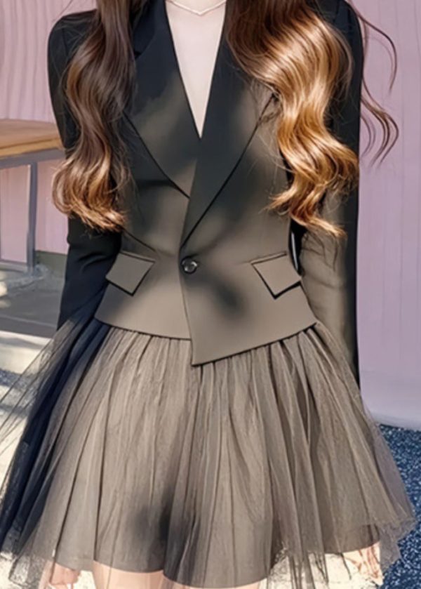 French Black Notched Coats And Tulle Skirts Two Pieces Set Long Sleeve - Image 5