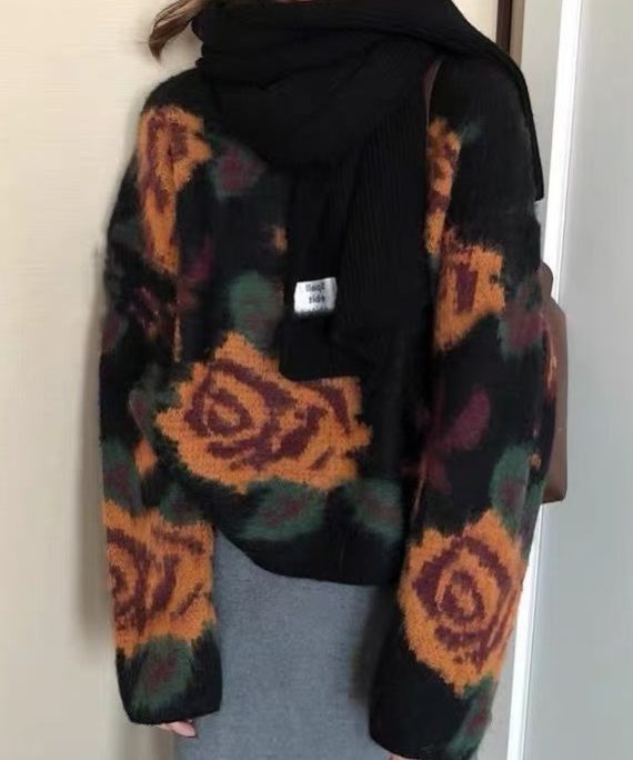 French Black O Neck Floral Jacquard Knit Sweater Tops Spring