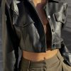French Black Peter Pan Collar Button Faux Leather Short Coat Spring