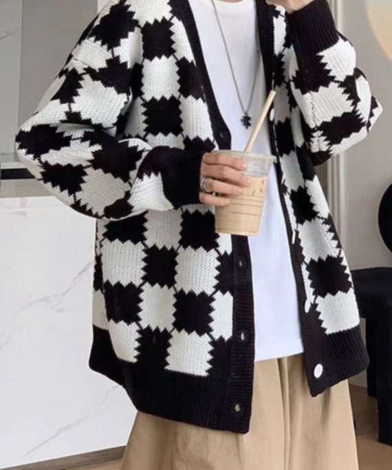 French Black Plaid Button Knit Mens Coats Spring