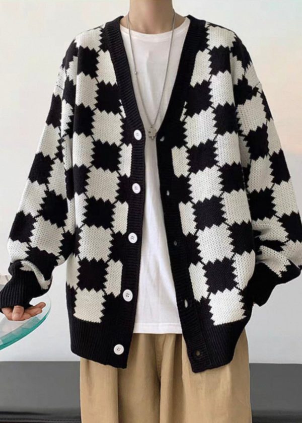 French Black Plaid Button Knit Mens Coats Spring - Image 2