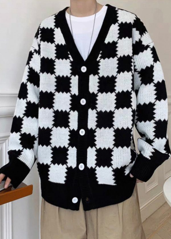 French Black Plaid Button Knit Mens Coats Spring - Image 3
