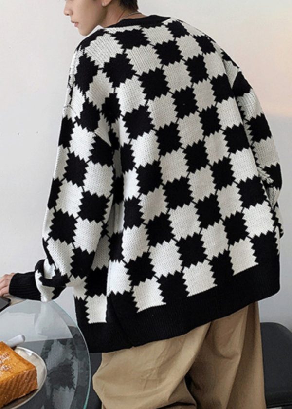 French Black Plaid Button Knit Mens Coats Spring - Image 5