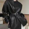 French Black Pockets Sashes Faux Leather Coats Spring