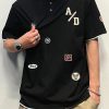 French Black Print Button Cotton Men Polo Shirt Summer