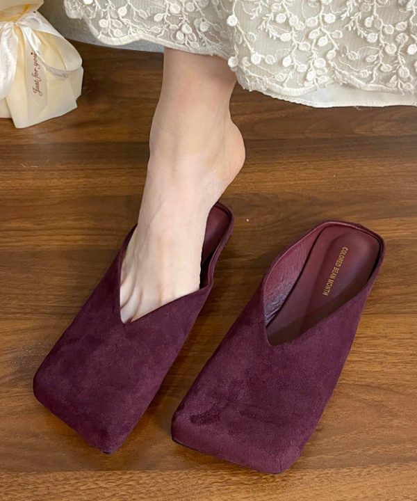 French Black Square Toe Suede Slide Sandals - Image 2