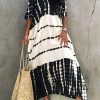 French Black White Tie Dye Cold Shoulder kimono Robe Cotton Dress