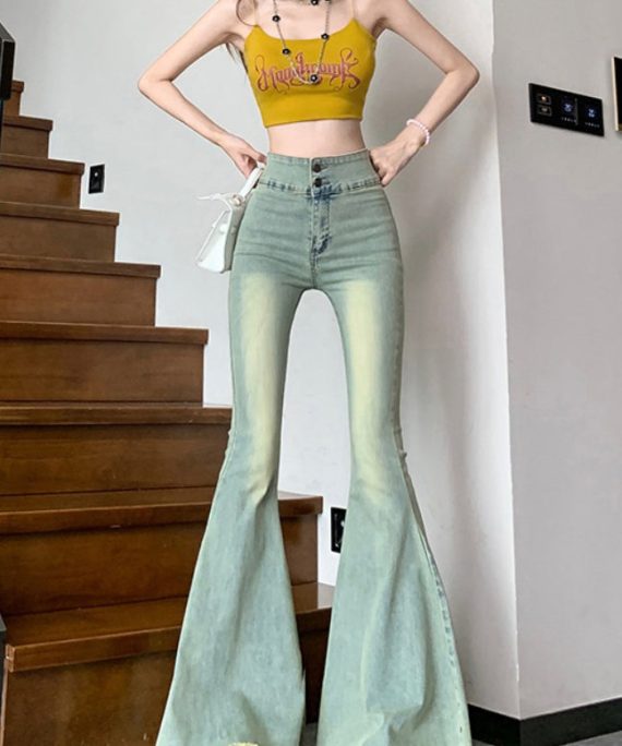 French Blue High Waist Denim Bell-bottom Trousers Spring